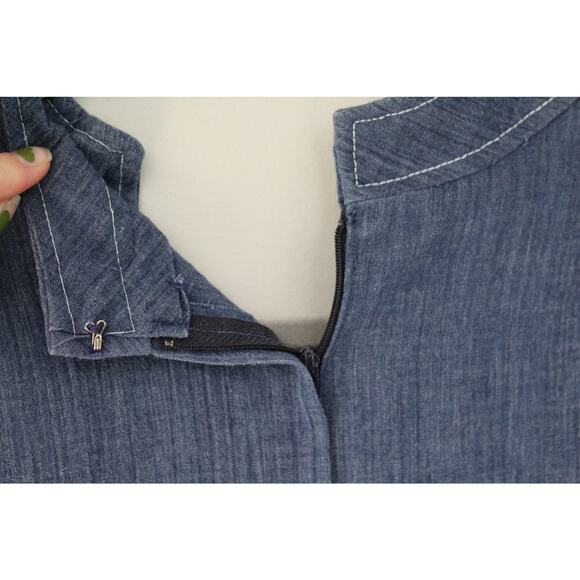 Vintage Denim Midi Dress with V Neck and Floral Waist - Picture 7 of 8